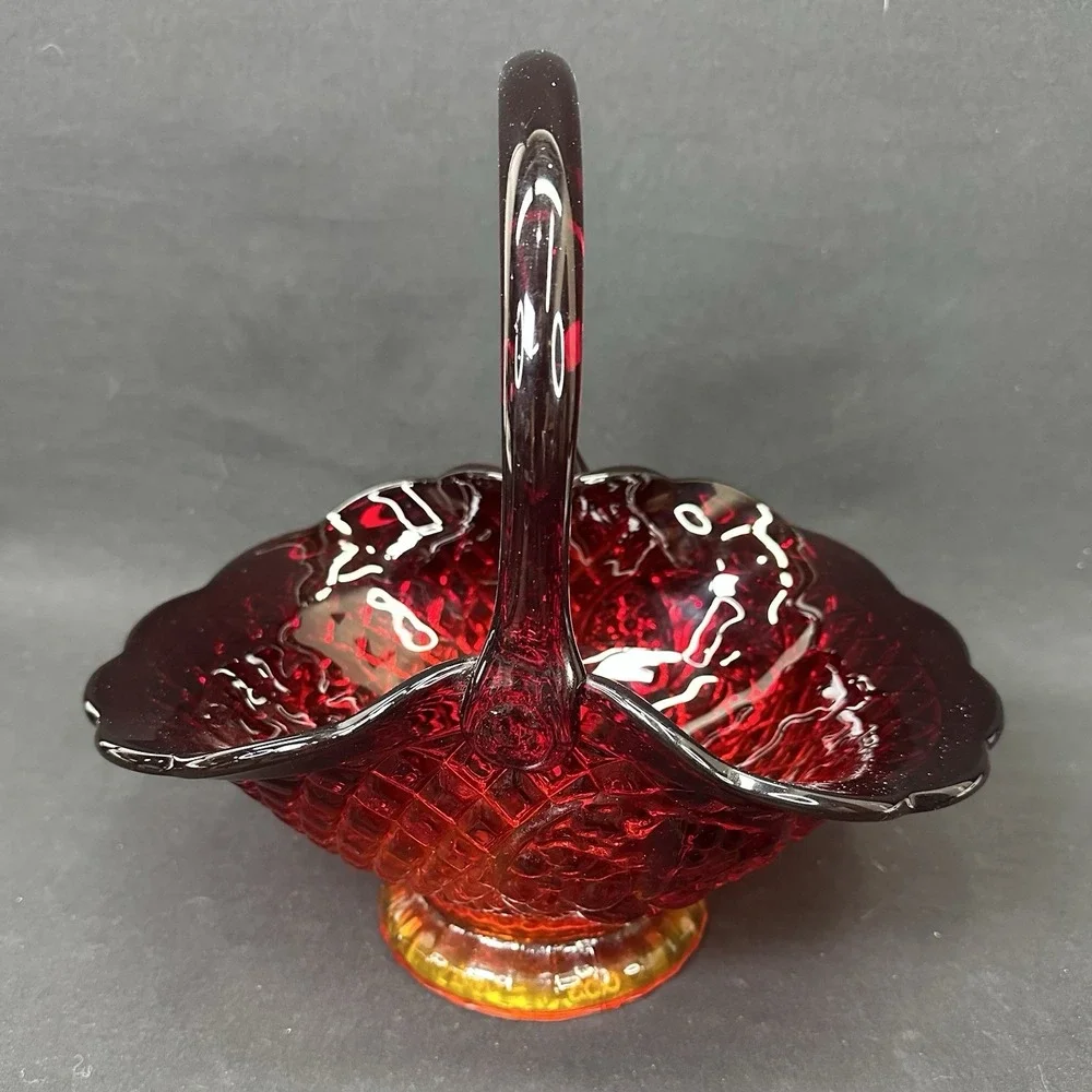 Indiana Glass Canterbury Sunset Amberina Basket, Vintage Mid‎ 20th Century